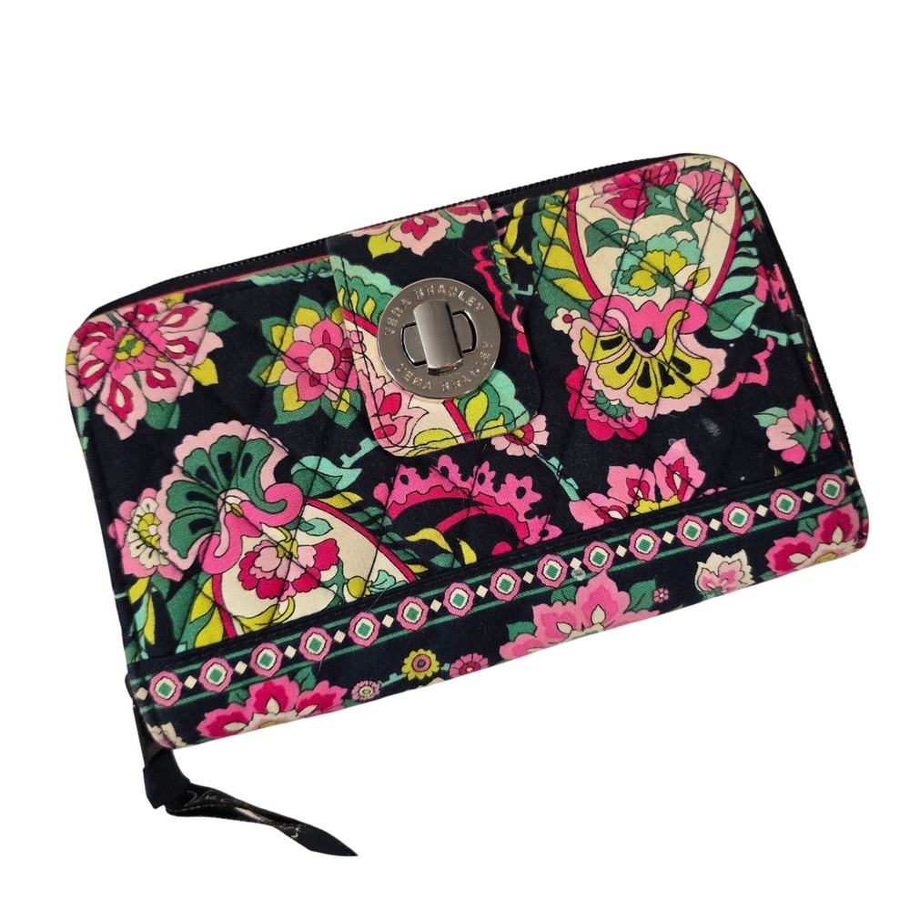 Vera Bradley Turn-Lock Wallet Women OS Navy Pink Floral Paisley Quilted Cotton